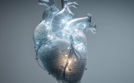 futuristic glowing heart suspended in a sterile white void, heart made of translucent synthetic material with wires and glowing fibre-optics, fragments of handwritten lyrics floating inside, sci-fi medical aesthetic, cold ambient lighting, high realism --ar 4:3 --raw --v 7 Job ID: 333079da-9b71-4050-be76-6000b0f2d326